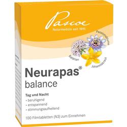 Eine Verpackung von Neurapas balance zeigt Pflanzen und den Schriftzug "beruhigend, entspannend".