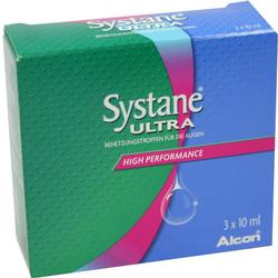 Grüne und blaue Verpackung von Systane Ultra Augentropfen.