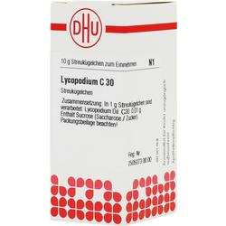 Eine Packung Lycopodium C30 Streukügelchen mit rotem Logo und Text.