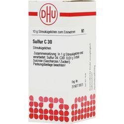 Eine Packung homöopathische Streukügelchen Sulfur C30.