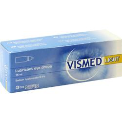 Blaue Packung mit dem Aufdruck "Vismed Light" für Augentropfen.