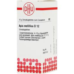 Packung mit homöopathischen Streukügelchen namens Apis mellifica D12 von DHU.