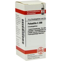 Weiße Arzneimittelverpackung mit rotem Streifen und Aufschrift "Pulsatilla C 200".
