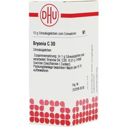 Weiße Verpackung mit rotem Muster für homöopathische Globuli Bryonia C 30.
