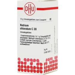 Eine Packung mit Streukügelchen, die Natrium chloratum C 30 enthält.