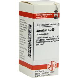 Eine Verpackung mit der Aufschrift "Aconitum C 200" von einem homöopathischen Arzneimittel.