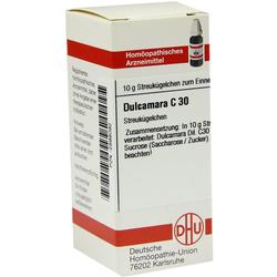 Weiße Schachtel mit rotem Streifen, darauf steht "Dulcamara C 30".