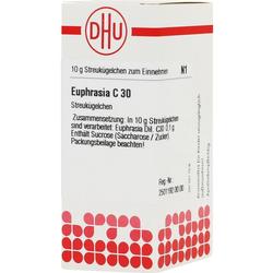 Eine weiße Packung mit Euphrasia C 30 Streukügelchen von DHU.
