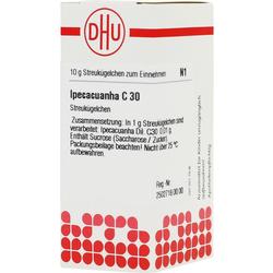 Schachtel mit homöopathischen Ipecacuanha C30 Streukügelchen.