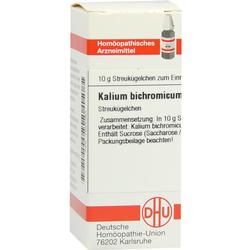 Eine Verpackung von homöopathischen Streukügelchen mit dem Namen Kalium bichromicum.