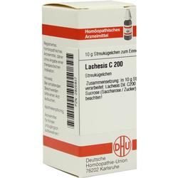 Die Verpackung zeigt homöopathische Streukügelchen namens "Lachesis C 200".
