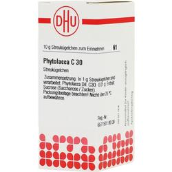 Eine Packung mit homöopathischen Streukügelchen Phytolacca C30.