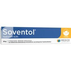 Eine blaue und weiße Packung der Creme "Soventol HydroCort 0,5%".