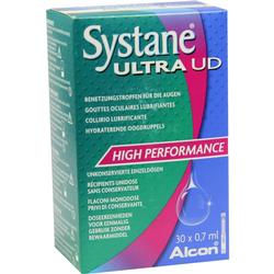 Eine Verpackung von Systane Ultra Augentropfen mit der Aufschrift "High Performance".