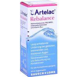 Verpackung von Artelac Rebalance Augentropfen zur Linderung trockener Augen.