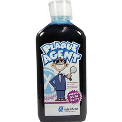 Flasche mit einem Zahnspülmittel, das Plaque sichtbar macht, mit Comic-Detektiv auf dem Etikett.