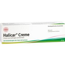 Eine weiße Schachtel mit Halicar Creme gegen Hautentzündung und Juckreiz.