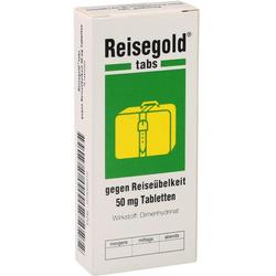 Eine Packung Tabletten gegen Reiseübelkeit mit einem gelben Kofferbild.