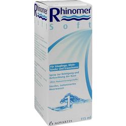 Verpackung eines Nasensprays mit Aufschrift "Rhinomer Soft", geeignet für alle Altersgruppen.