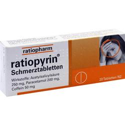 Verpackung von Ratiopyrin Schmerztabletten mit Informationen zu Wirkstoffen.