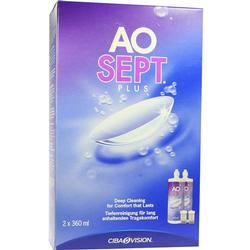 Verpackung von AOSept Plus Kontaktlinsen-Reinigungslösung mit lila Hintergrund.