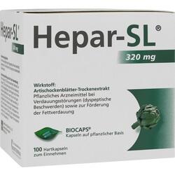 Verpackung von Hepar-SL, ein pflanzliches Mittel für die Verdauung mit Artischockenextrakt.