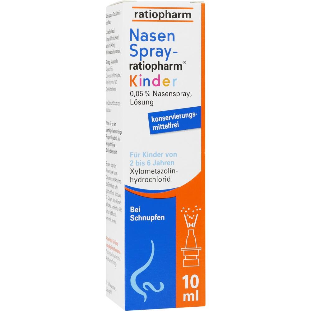 Verpackung eines Nasensprays für Kinder gegen Schnupfen.