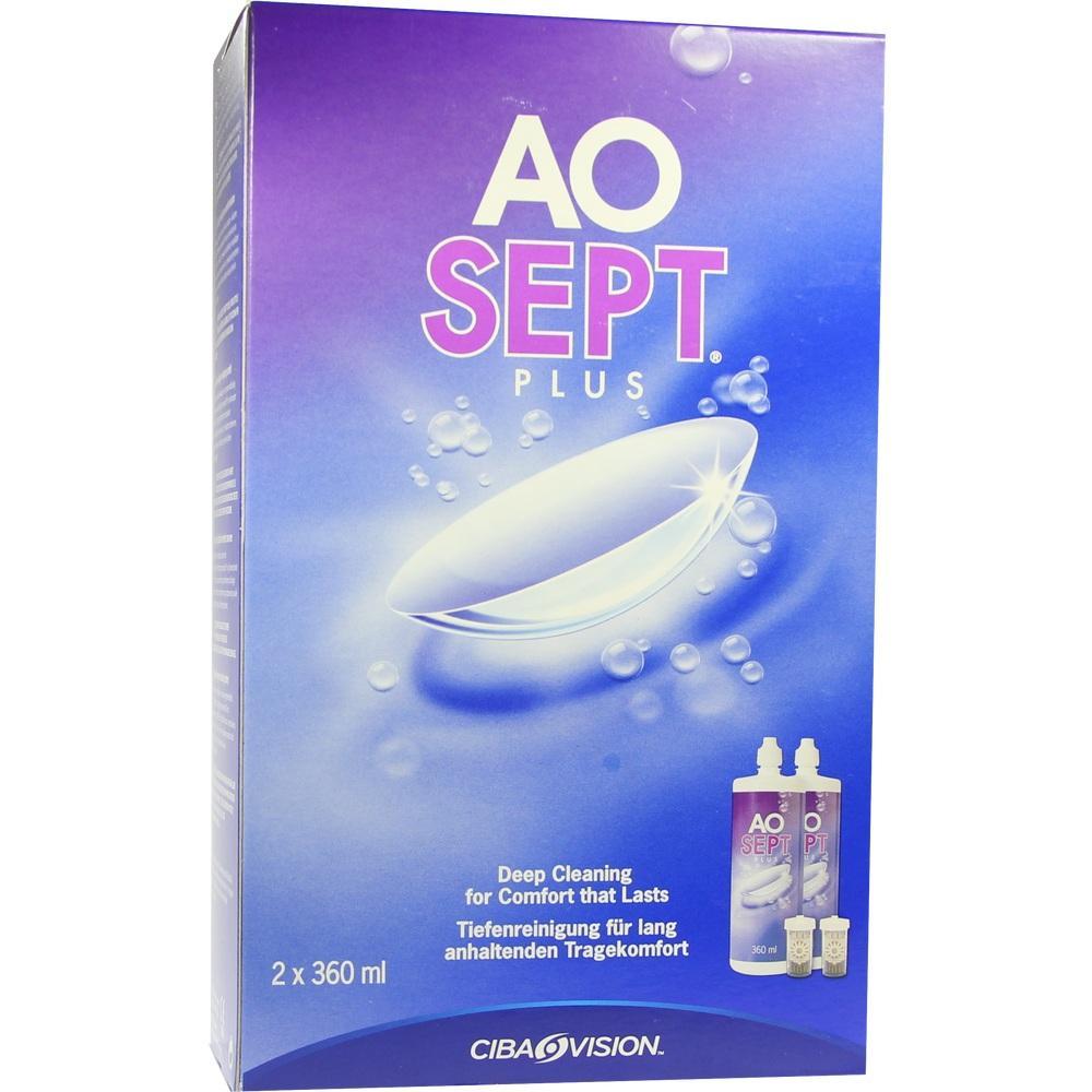 Verpackung von AOSept Plus Kontaktlinsen-Reinigungslösung mit lila Hintergrund.