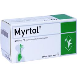 Eine Packung Myrtol-Kapseln gegen Erkältung und Atemwegsprobleme.